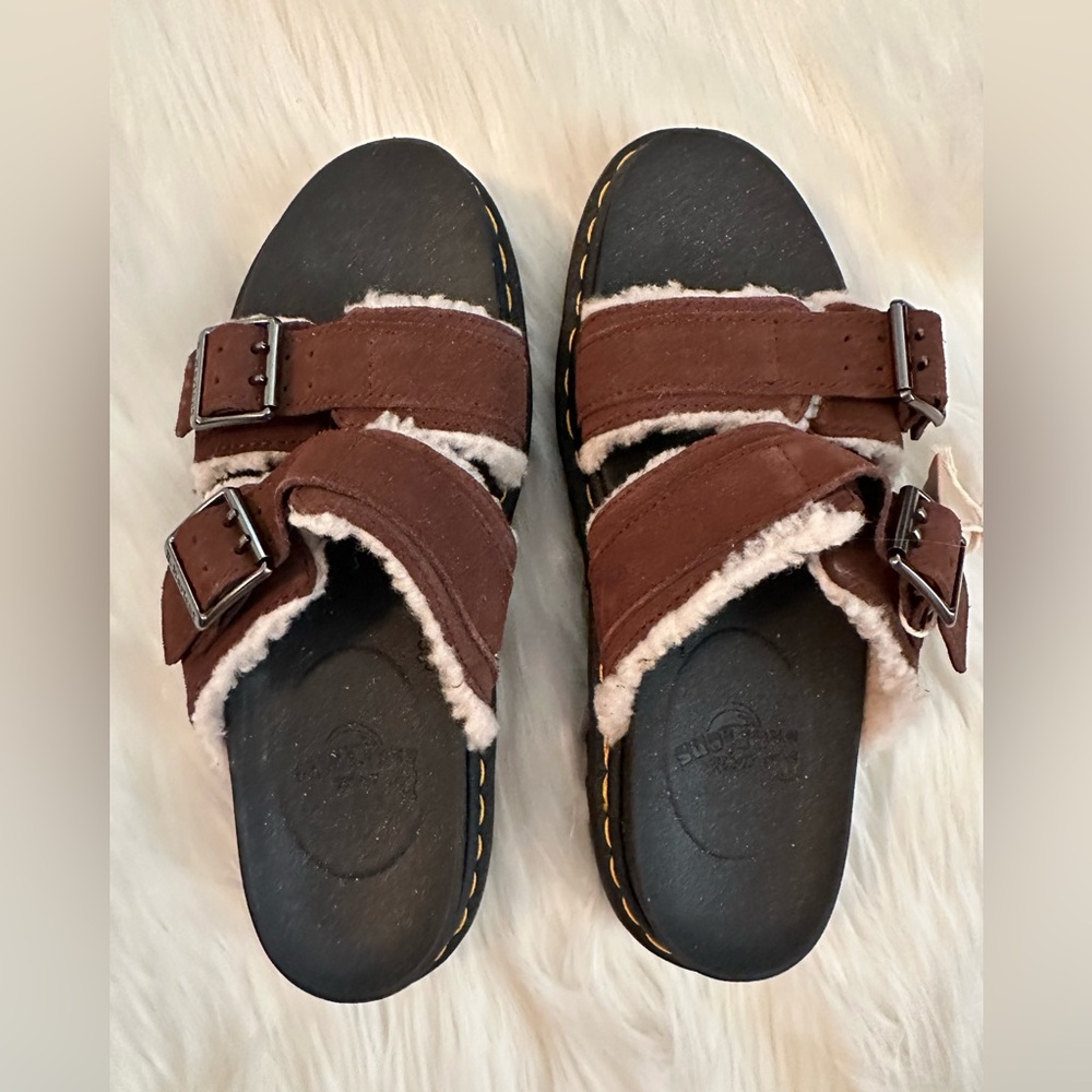 NWT -  Dr. Martens Myles Suede Fur-Lined Buckle Slide Sandal